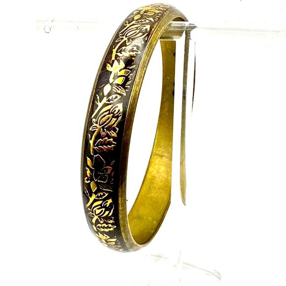 Brass Floral Bangle Retro Bracelet Flowers Heart Cutout Boho Casual Jewelry - Picture 1 of 8